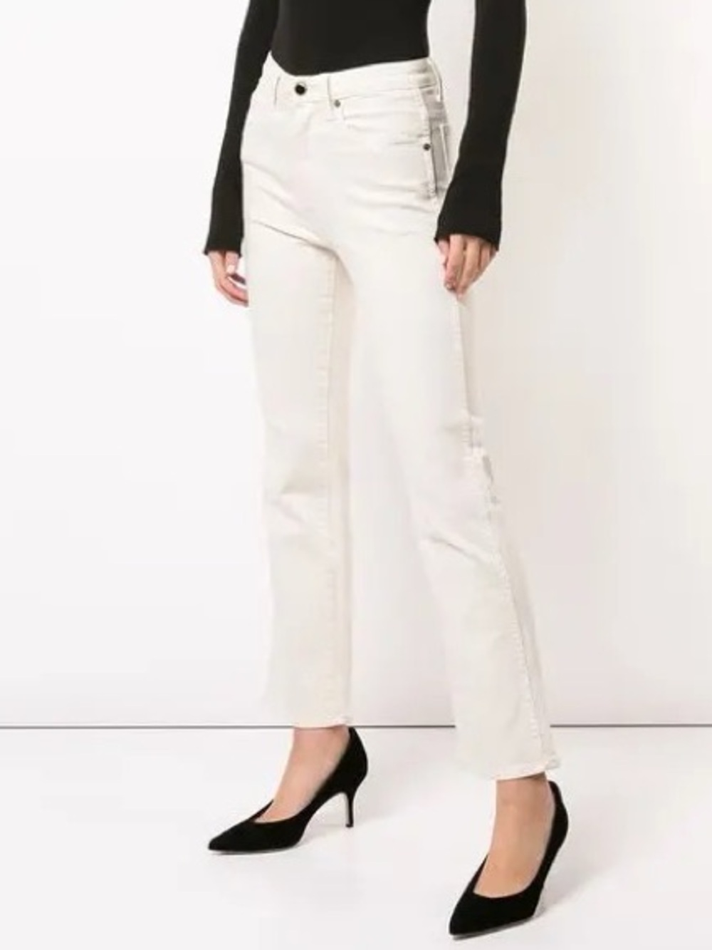 KHAITE Ivory Vivian High Rise Cropped Kick Flare Off White Stretch Jeans 28